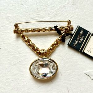 YSL Yves Saint Laurent Gold Chain Brooch with Crystal Gem Vintage